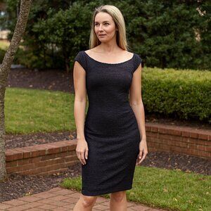 NWT Atelier Danielle Black & Silver Metallic Off Shoulder Sheath Dress | Size 12